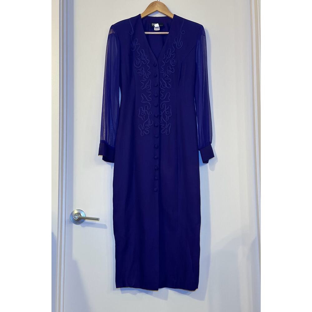VTG 80s 90s Dawn Joy Fashions Large Maxi Dress Button Up Blue Sheer Long Sleeves